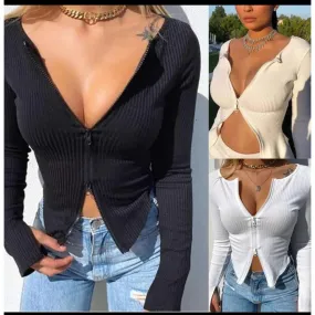 Ribbed Knitted Zipper Crop Tops