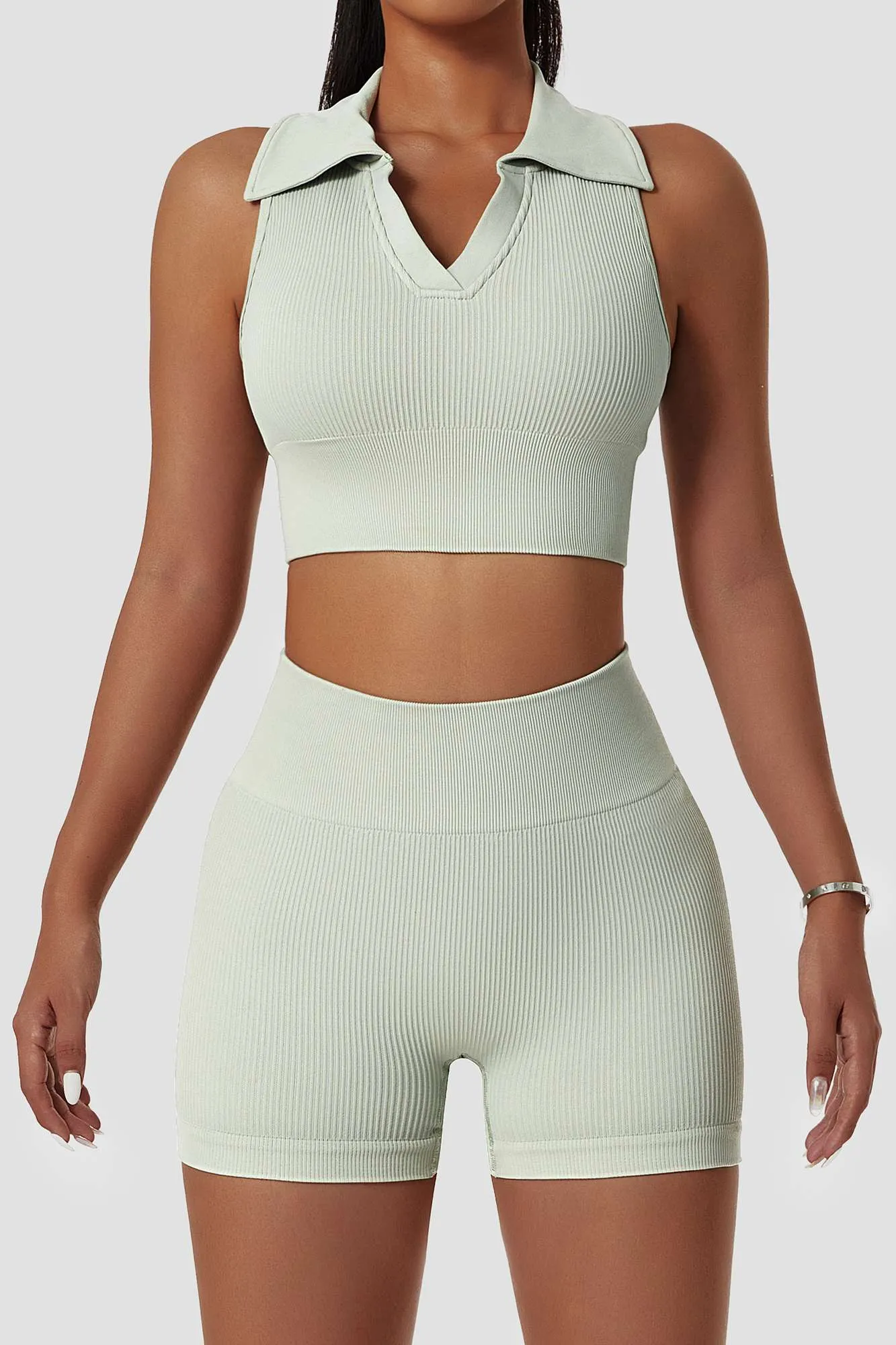 Ribbed Lapel Collar Crop Tank Tops