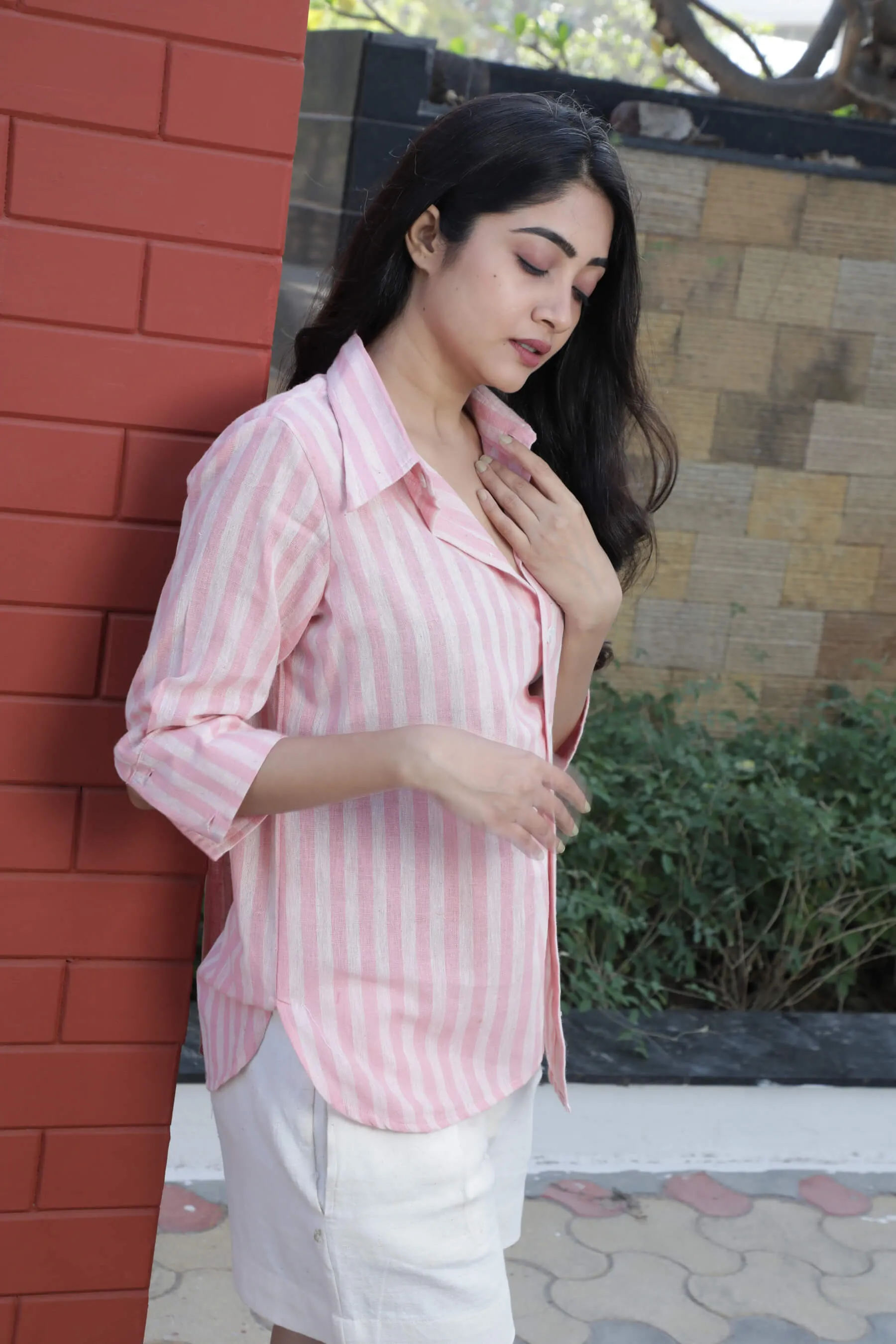 Rose Pink Strip Kala Cotton Shirt for Women