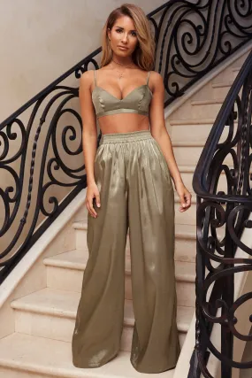 Shimmer Of Hope Wide Leg Satin Trousers in Khaki