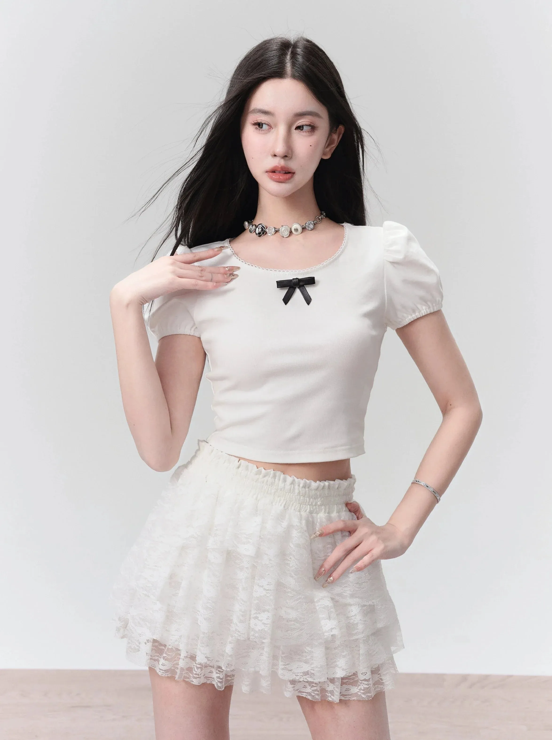 Sweet Lolita White Puff Sleeve Crop Top and Tiered Lace Mini Skirt Set