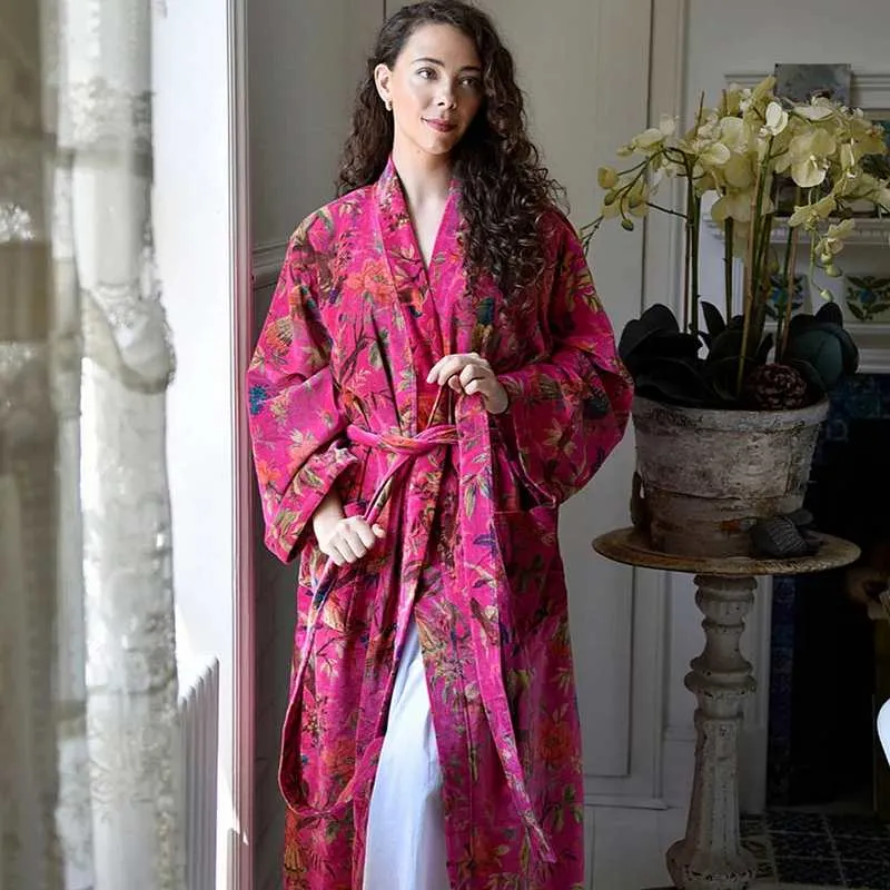 Velvet Hot Pink Bird Satin Lined Dressing Gown