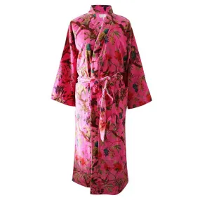 Velvet Hot Pink Bird Satin Lined Dressing Gown