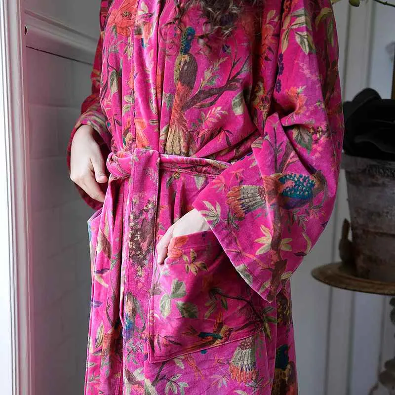 Velvet Hot Pink Bird Satin Lined Dressing Gown