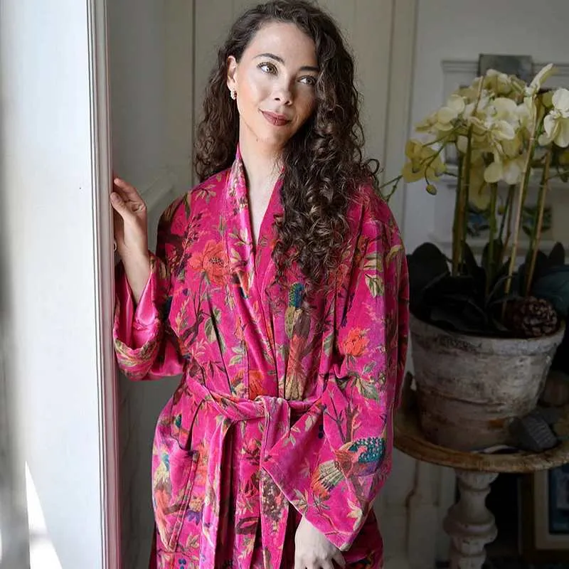 Velvet Hot Pink Bird Satin Lined Dressing Gown