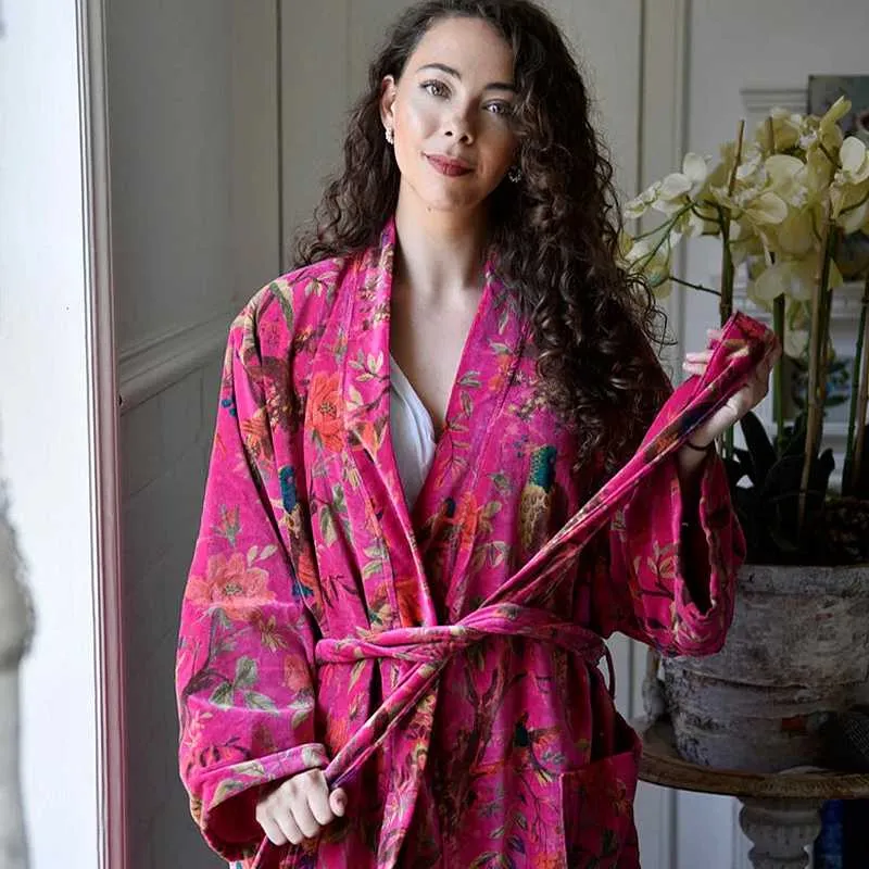 Velvet Hot Pink Bird Satin Lined Dressing Gown