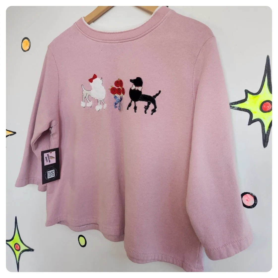 Vintage 90s | Pink Poodle Novelty Embellished Cropped Pullover Sweatshirt | M-L