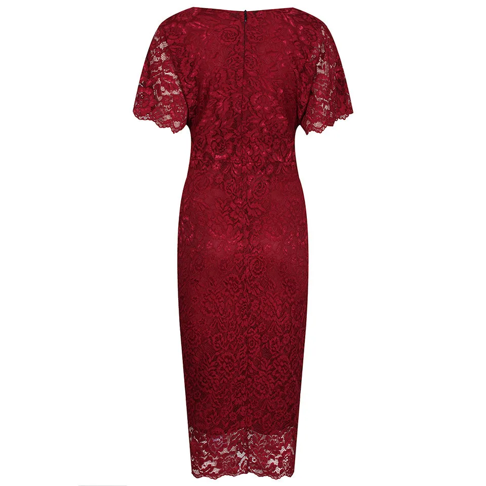 Wine Red Vintage Capped Sleeve Rose Lace Pencil Wiggle Dress