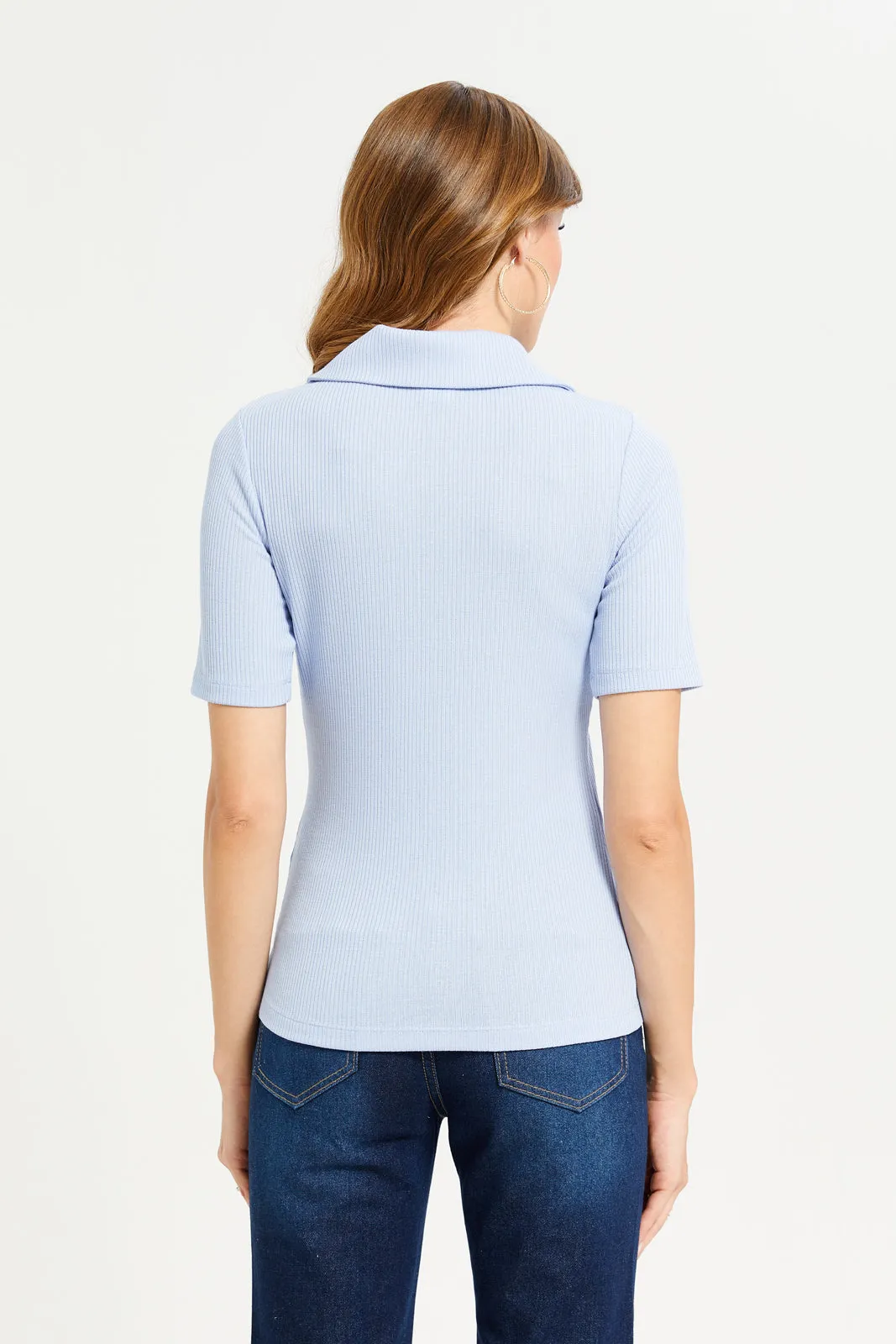 Women Blue Rib Collared Top